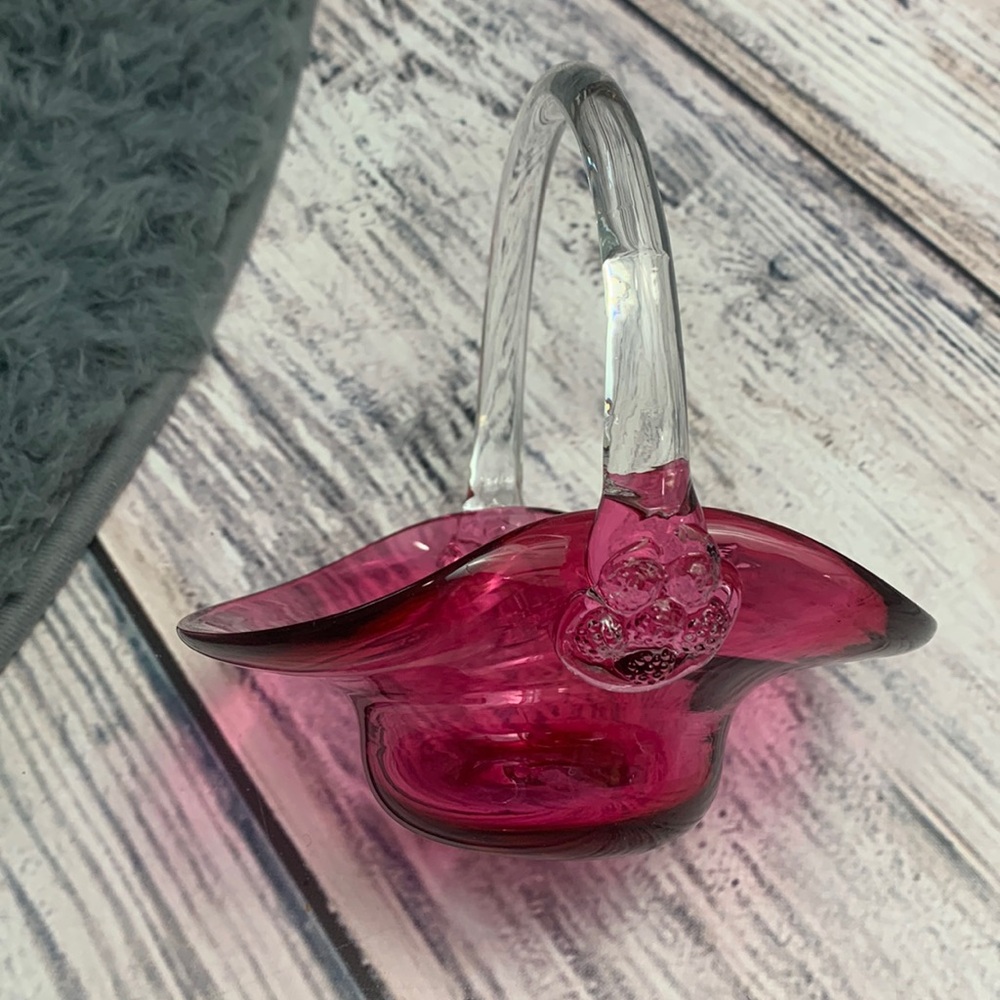 Handcrafted Blown Cranberry Vintage Glass Basket